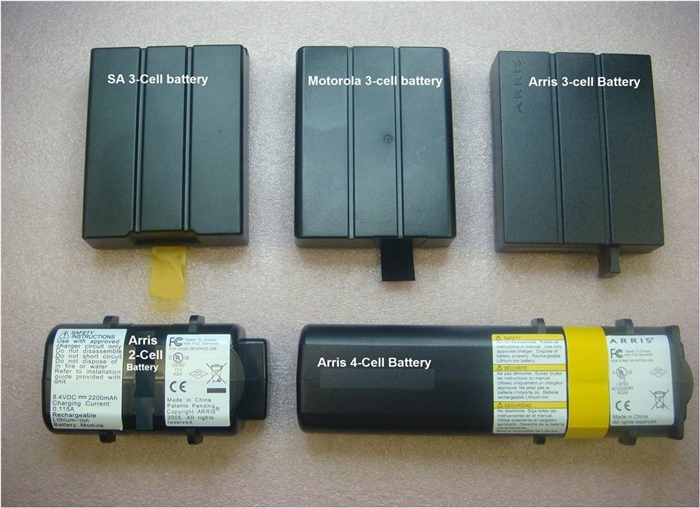 Image of SA 3-cell battery, Motorola 3-cell battery, Arris 3-cell battery, Arris 2-cell battery and Arris 4-cell battery